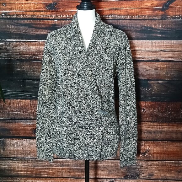 Lauren Ralph Lauren Wrap Cardigan Sweater S Toggle Tan Black Marled Knit - Picture 2 of 9